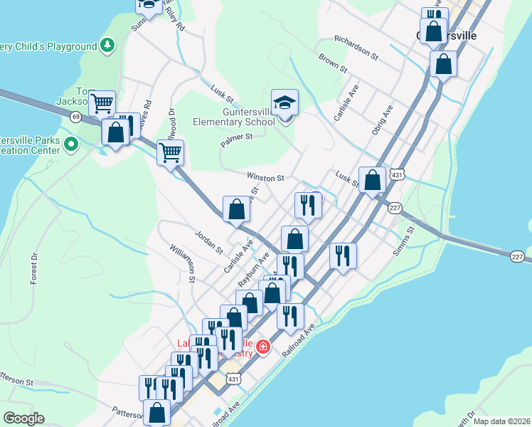 map of restaurants, bars, coffee shops, grocery stores, and more near 1912 Short Street in Guntersville