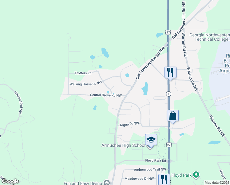 map of restaurants, bars, coffee shops, grocery stores, and more near 50 Central Grove Road Northwest in Rome