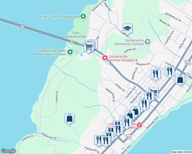 map of restaurants, bars, coffee shops, grocery stores, and more near 1625 Jordan Street in Guntersville
