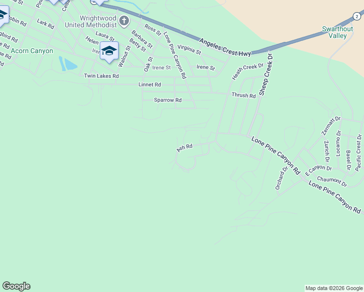 map of restaurants, bars, coffee shops, grocery stores, and more near 1792 Ash Road in Wrightwood