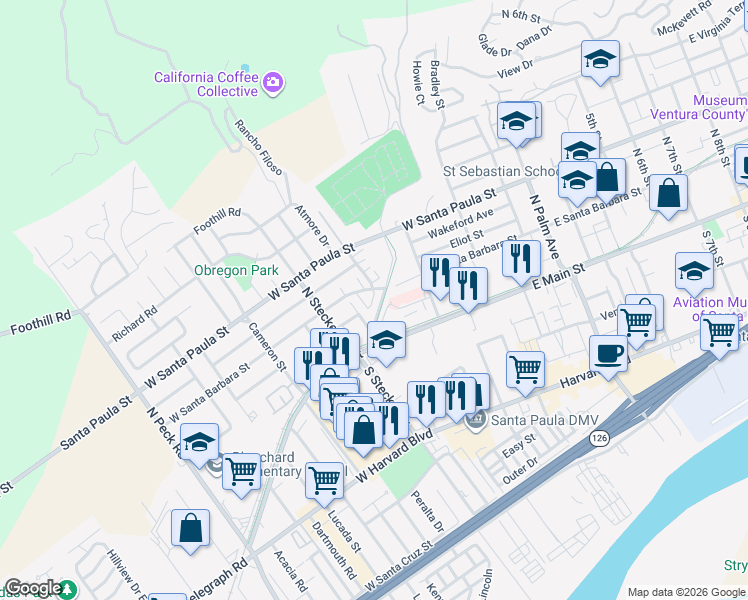 map of restaurants, bars, coffee shops, grocery stores, and more near 312 West Santa Barbara Street in Santa Paula