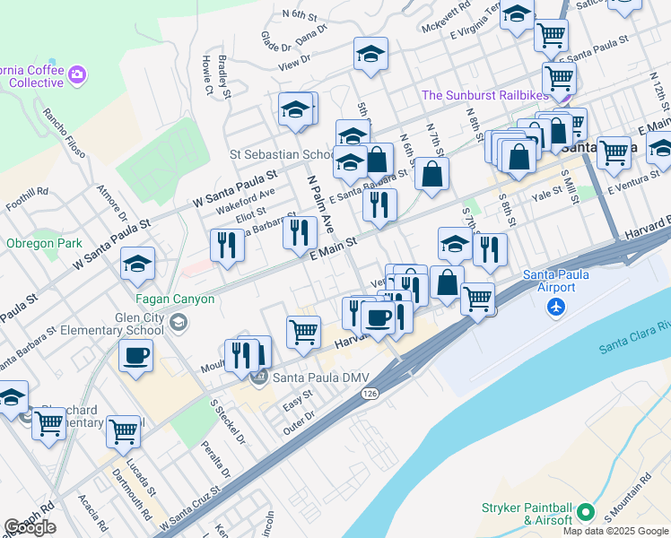 map of restaurants, bars, coffee shops, grocery stores, and more near 121 Sonoma Lane in Santa Paula