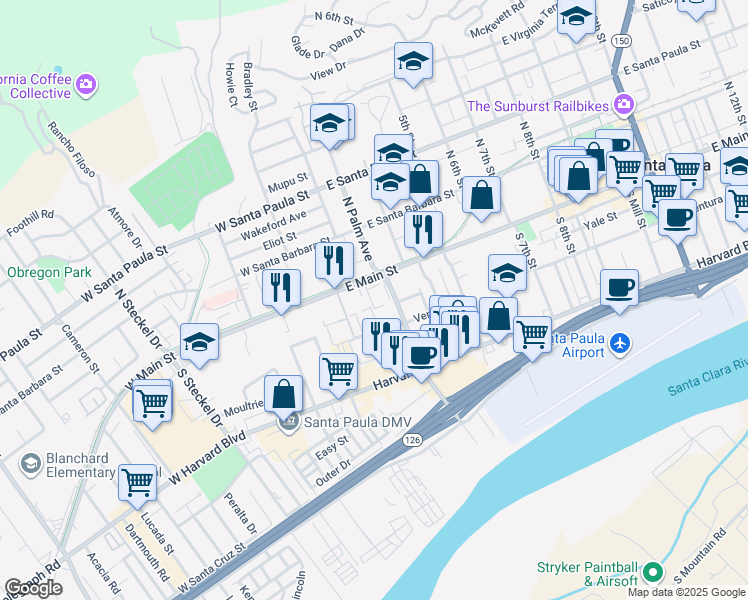 map of restaurants, bars, coffee shops, grocery stores, and more near 121 Sonoma Lane in Santa Paula
