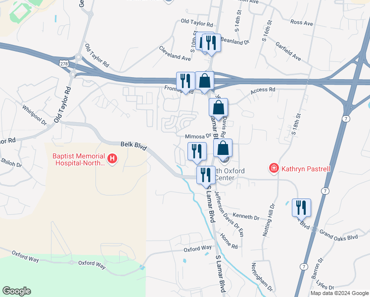map of restaurants, bars, coffee shops, grocery stores, and more near 1110 Mimosa Drive in Oxford