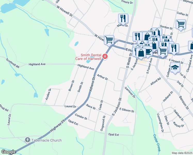 map of restaurants, bars, coffee shops, grocery stores, and more near 391 Athens Street in Hartwell