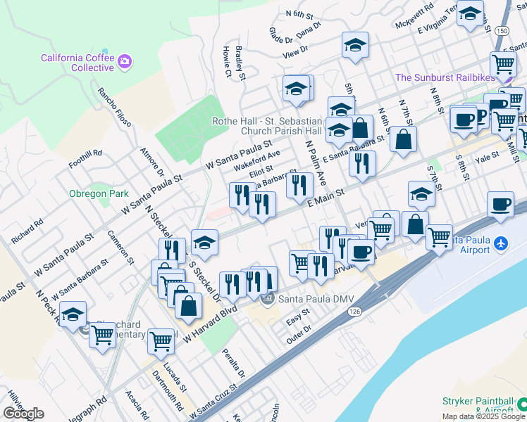 map of restaurants, bars, coffee shops, grocery stores, and more near 218 West Santa Barbara Street in Santa Paula