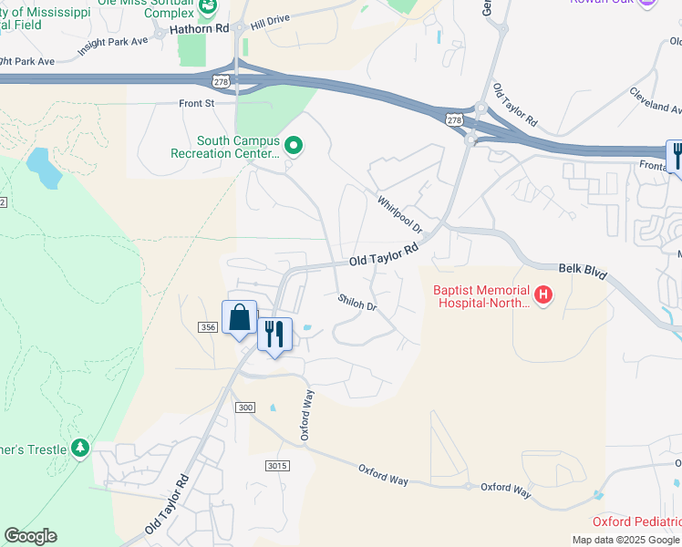 map of restaurants, bars, coffee shops, grocery stores, and more near 100 Shiloh Drive in Oxford