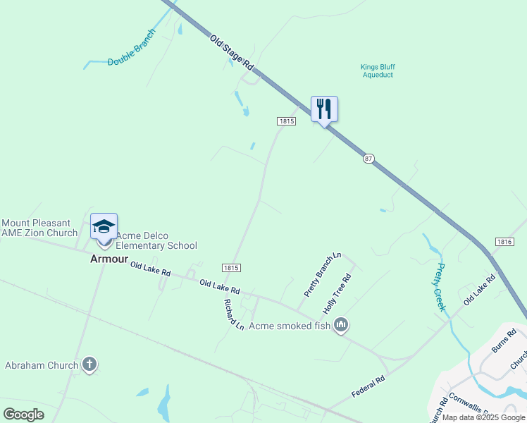 map of restaurants, bars, coffee shops, grocery stores, and more near 322 Gus Bryant Road in Riegelwood
