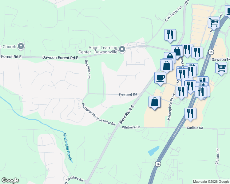 map of restaurants, bars, coffee shops, grocery stores, and more near 17 Stonehedge Drive in Dawsonville