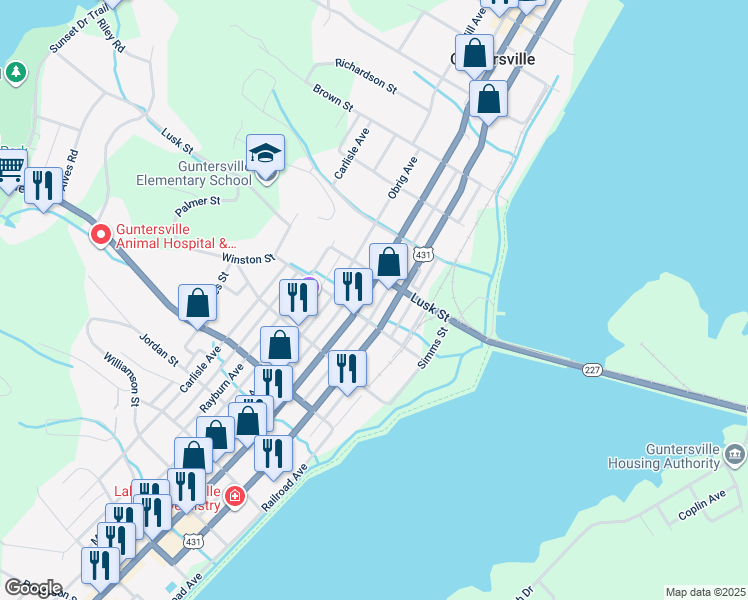 map of restaurants, bars, coffee shops, grocery stores, and more near 111 Gunter Avenue in Guntersville