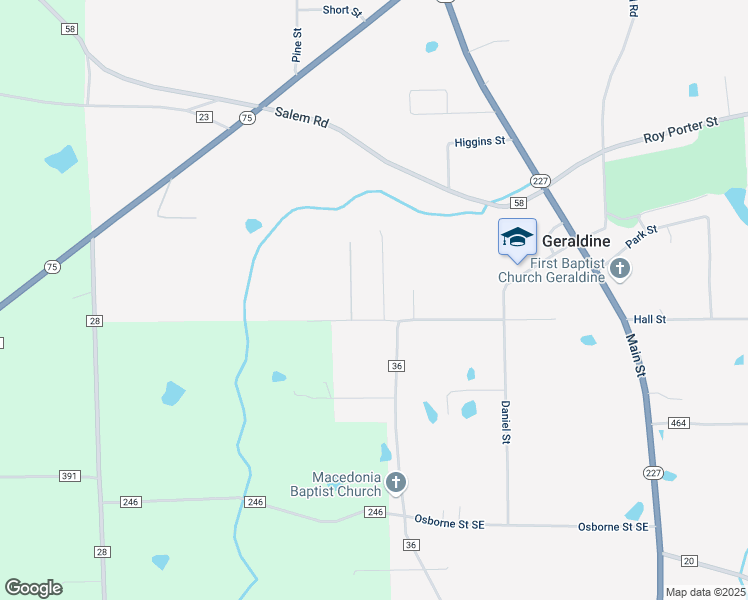 map of restaurants, bars, coffee shops, grocery stores, and more near 82 Pine Drive in Geraldine