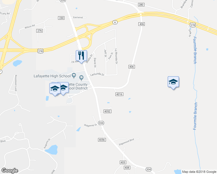 map of restaurants, bars, coffee shops, grocery stores, and more near County Road 406 in Oxford