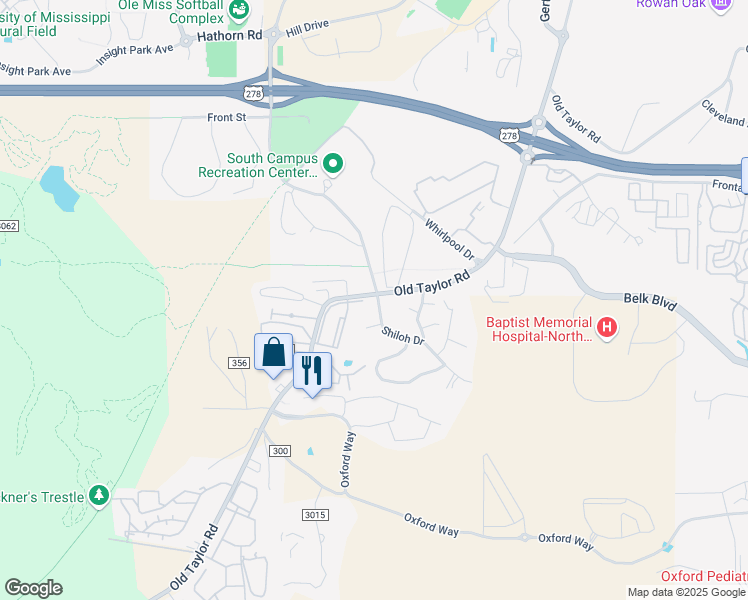 map of restaurants, bars, coffee shops, grocery stores, and more near 100 Shiloh Drive in Oxford