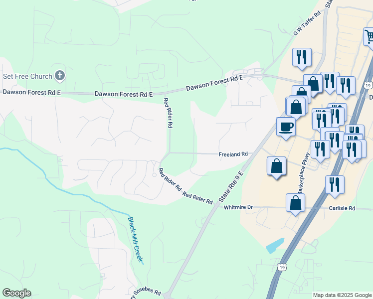 map of restaurants, bars, coffee shops, grocery stores, and more near 25 Hedgewood Lane in Dawsonville