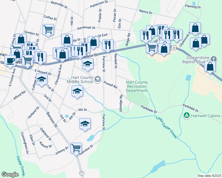 map of restaurants, bars, coffee shops, grocery stores, and more near 261 Fairview Street in Hartwell