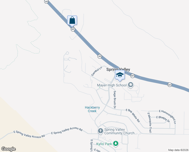 map of restaurants, bars, coffee shops, grocery stores, and more near 17010 East Roadrunner Road in Mayer
