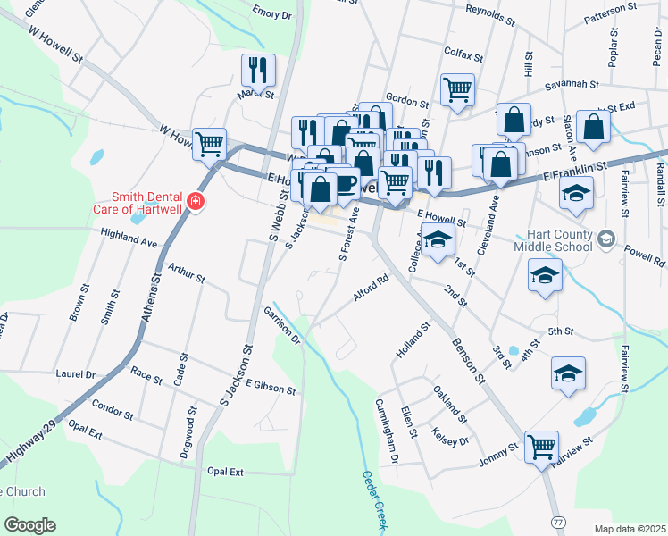 map of restaurants, bars, coffee shops, grocery stores, and more near 196 South Forest Avenue in Hartwell