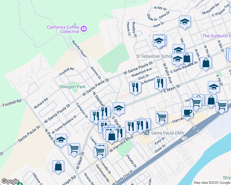 map of restaurants, bars, coffee shops, grocery stores, and more near 315 West Santa Barbara Street in Santa Paula