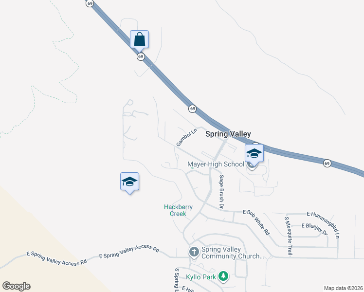 map of restaurants, bars, coffee shops, grocery stores, and more near 17010 East Roadrunner Road in Mayer