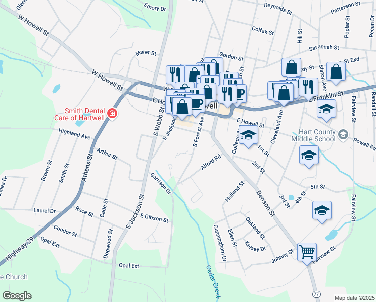map of restaurants, bars, coffee shops, grocery stores, and more near 196 South Forest Avenue in Hartwell