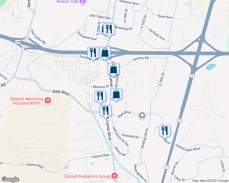 map of restaurants, bars, coffee shops, grocery stores, and more near 3209 Jefferson Davis Drive in Oxford
