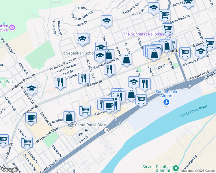 map of restaurants, bars, coffee shops, grocery stores, and more near 223 Yale Street in Santa Paula