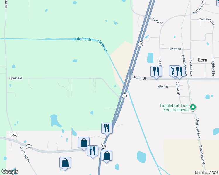 map of restaurants, bars, coffee shops, grocery stores, and more near 180 Spain Road in Ecru