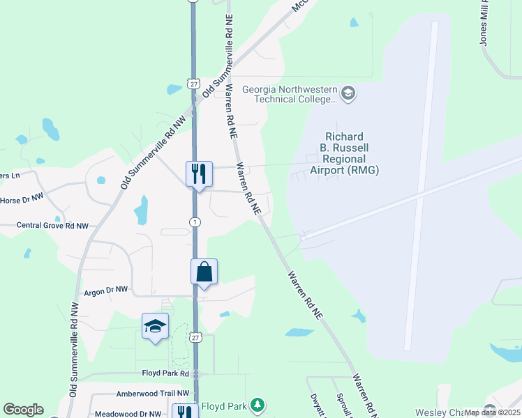 map of restaurants, bars, coffee shops, grocery stores, and more near 624a Warren Road Northeast in Rome