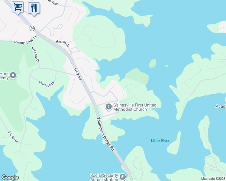 map of restaurants, bars, coffee shops, grocery stores, and more near 263 Thompson Pl in Gainesville