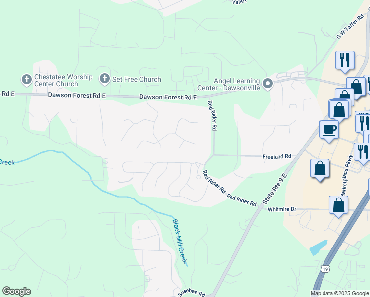 map of restaurants, bars, coffee shops, grocery stores, and more near 51 Caboose Lane in Dawsonville