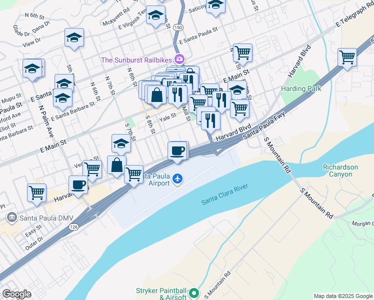 map of restaurants, bars, coffee shops, grocery stores, and more near 879 Harvard Boulevard in Santa Paula