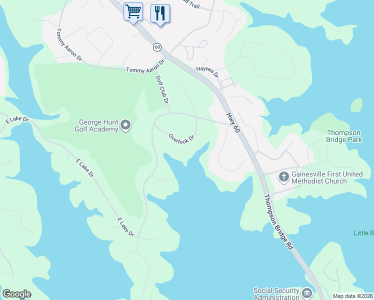 map of restaurants, bars, coffee shops, grocery stores, and more near 147 Overlook Drive in Gainesville