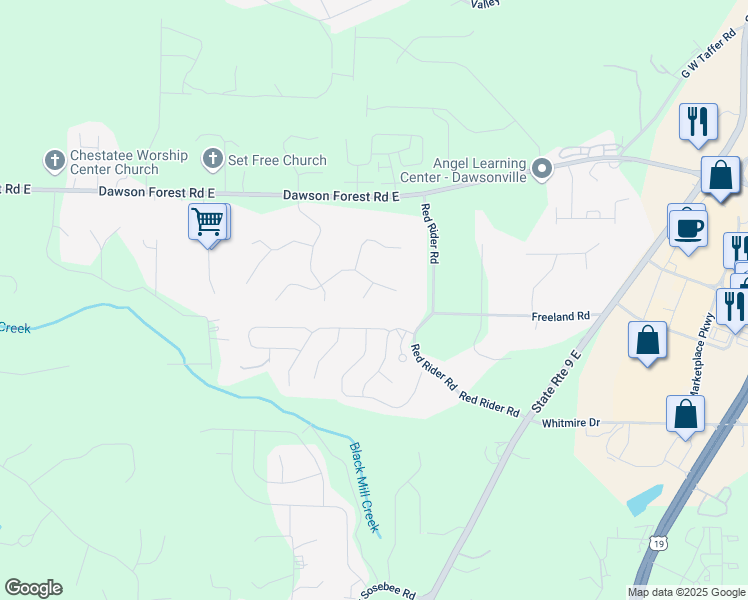 map of restaurants, bars, coffee shops, grocery stores, and more near 51 Caboose Lane in Dawsonville