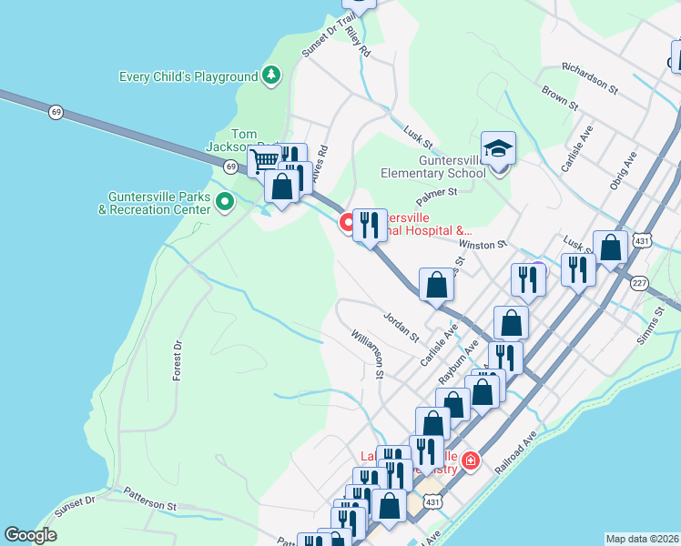map of restaurants, bars, coffee shops, grocery stores, and more near 1625 Jordan Street in Guntersville