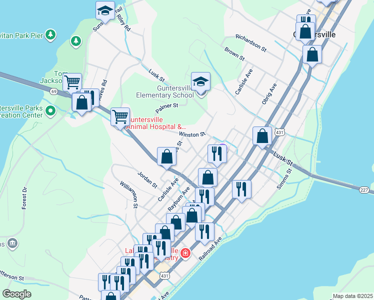 map of restaurants, bars, coffee shops, grocery stores, and more near 1912 Short St in Guntersville
