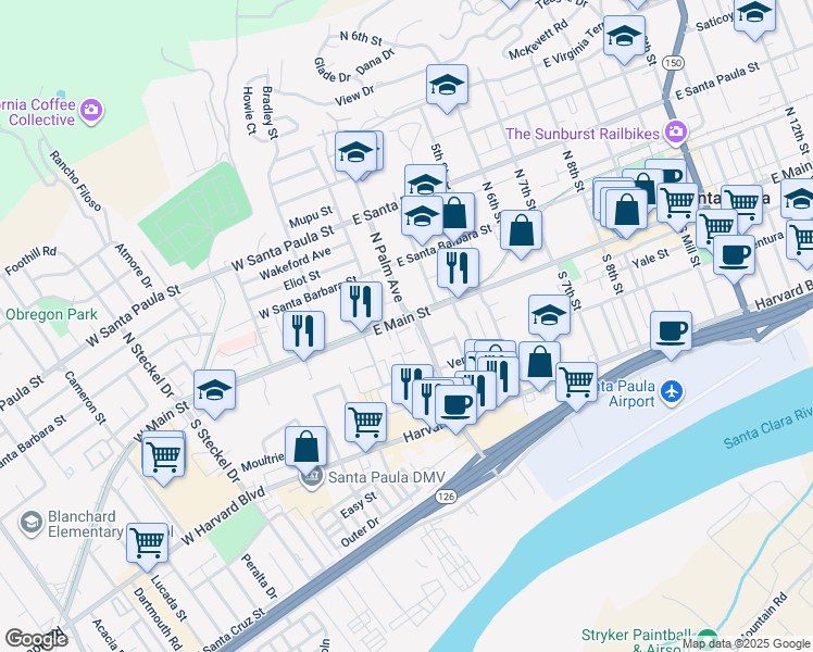 map of restaurants, bars, coffee shops, grocery stores, and more near 107 Sonoma Lane in Santa Paula