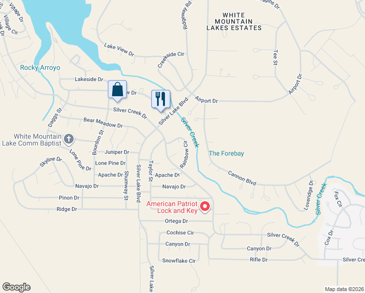map of restaurants, bars, coffee shops, grocery stores, and more near 1862 Rainbow Circle in Show Low