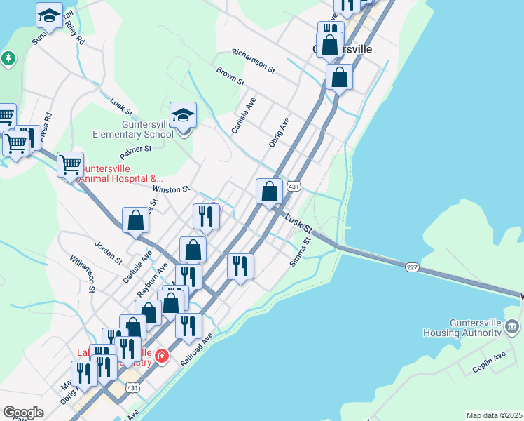 map of restaurants, bars, coffee shops, grocery stores, and more near 111 Gunter Avenue in Guntersville