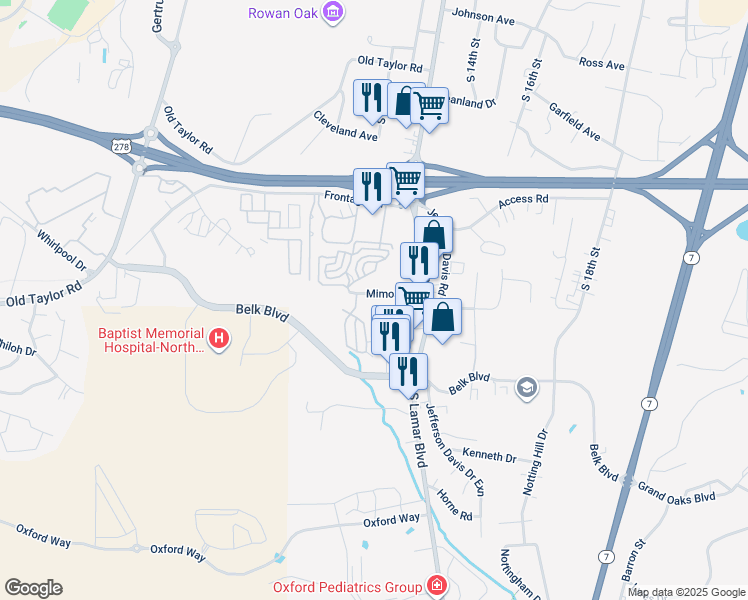 map of restaurants, bars, coffee shops, grocery stores, and more near 1110 Mimosa Drive in Oxford