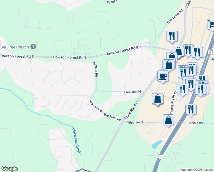 map of restaurants, bars, coffee shops, grocery stores, and more near 25 Hedgewood Lane in Dawsonville