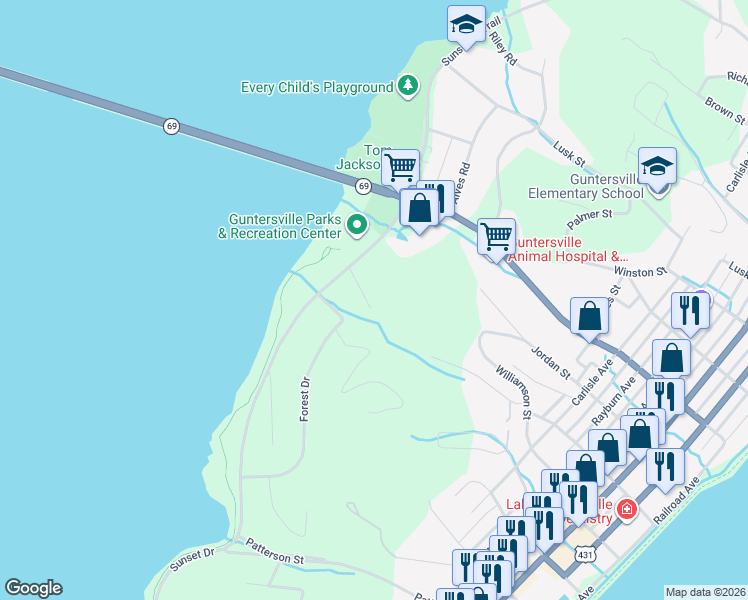 map of restaurants, bars, coffee shops, grocery stores, and more near 1216 Brownwood Lane in Guntersville
