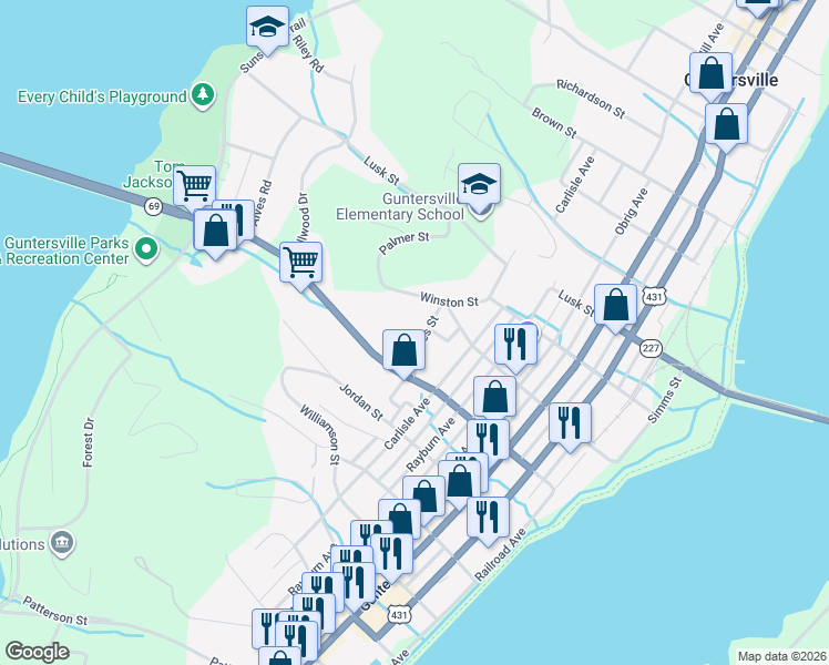 map of restaurants, bars, coffee shops, grocery stores, and more near 1316 Starnes Street in Guntersville