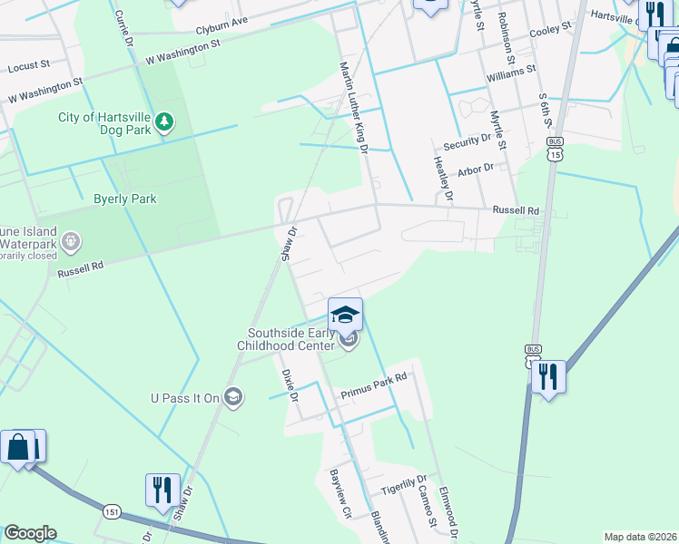 map of restaurants, bars, coffee shops, grocery stores, and more near 532 Cornelia Drive in Hartsville
