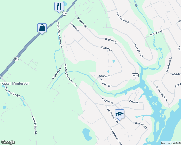 map of restaurants, bars, coffee shops, grocery stores, and more near 108 Palmetto Drive in Hampstead