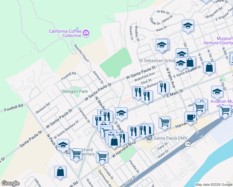 map of restaurants, bars, coffee shops, grocery stores, and more near 221 Atmore Drive in Santa Paula