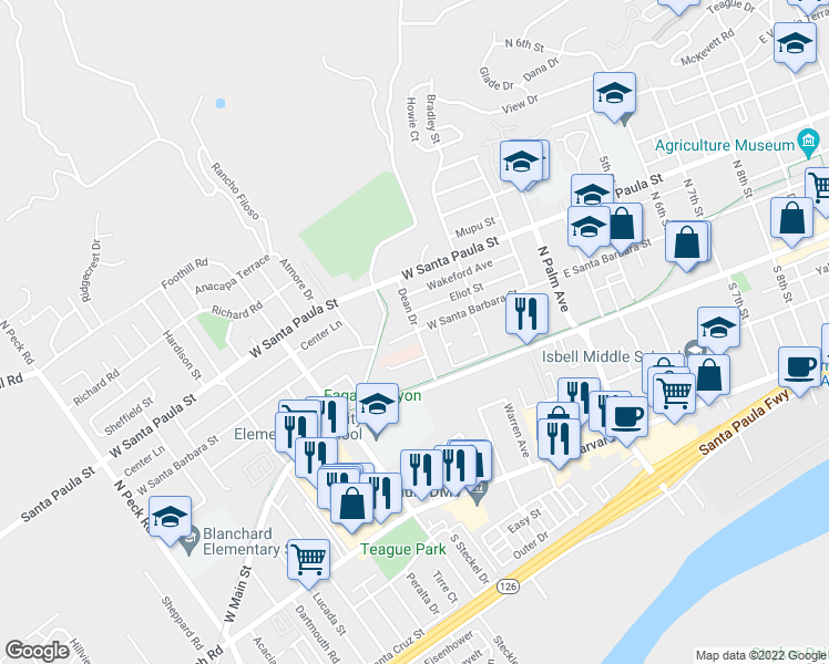 map of restaurants, bars, coffee shops, grocery stores, and more near 208 West Santa Barbara Street in Santa Paula
