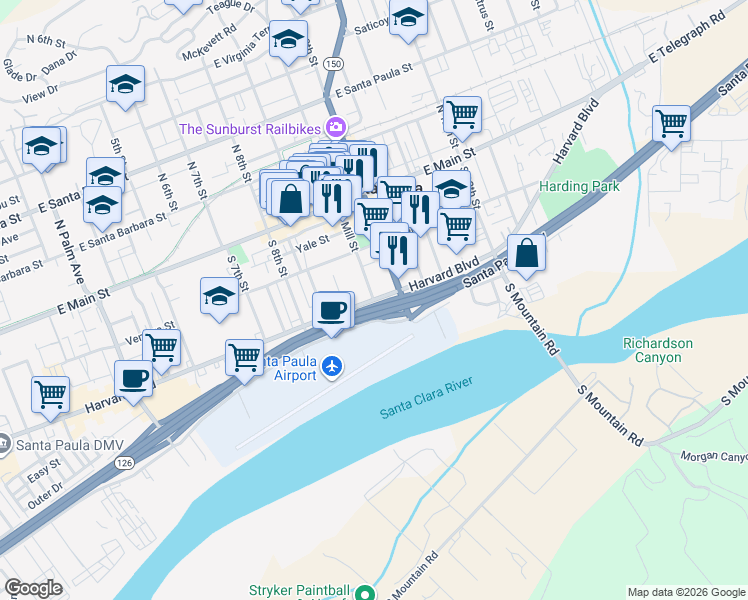 map of restaurants, bars, coffee shops, grocery stores, and more near East Harvard Boulevard & South Mill Street in Santa Paula