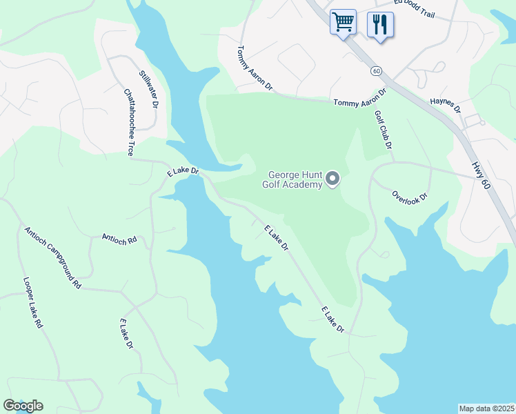 map of restaurants, bars, coffee shops, grocery stores, and more near 614 East Lake Drive in Gainesville