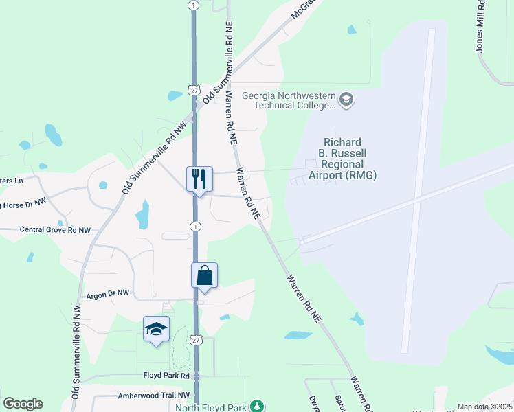 map of restaurants, bars, coffee shops, grocery stores, and more near 624a Warren Road Northeast in Rome