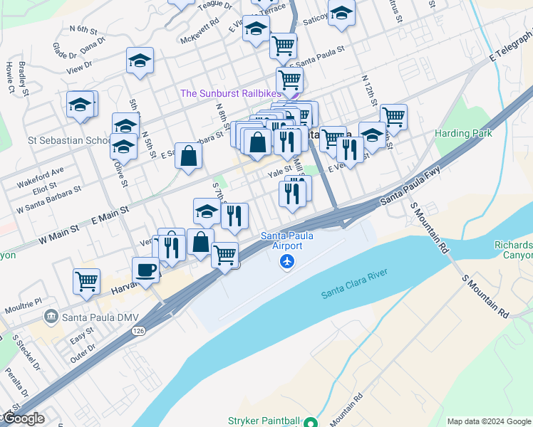 map of restaurants, bars, coffee shops, grocery stores, and more near 229 South 8th Street in Santa Paula